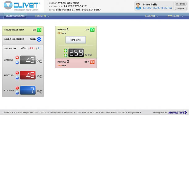 Piattaforma Web Clivet - MOVACTIVE SPA - Interfaccia grafica dell'applicazione di telegestione e telecontrollo