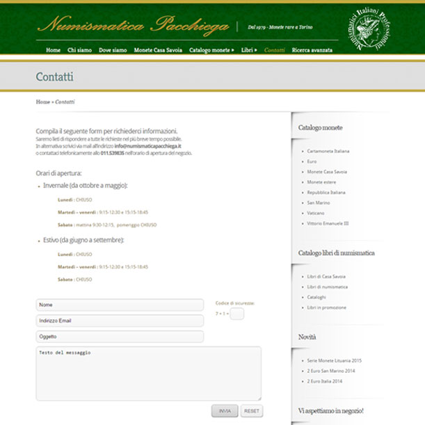 Sito Web - Numismatica Pacchiega - Pagina dei contatti