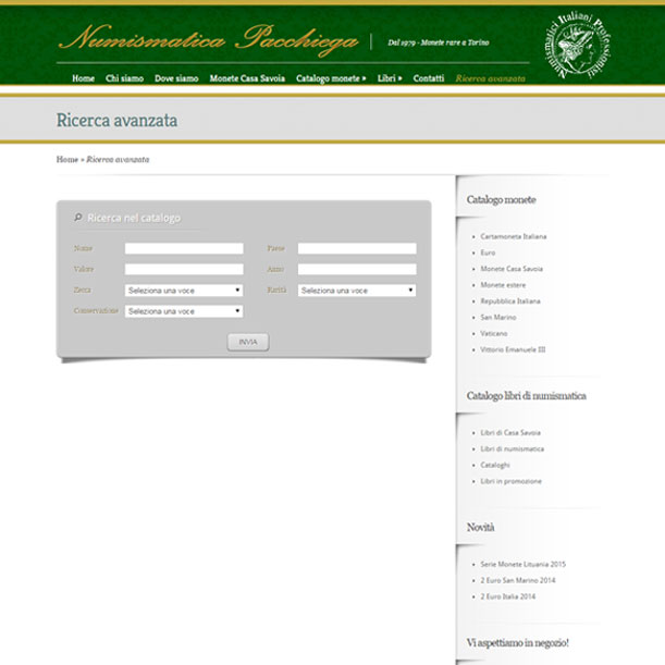 Sito Web - Numismatica Pacchiega - Pagina della ricerca avanzata